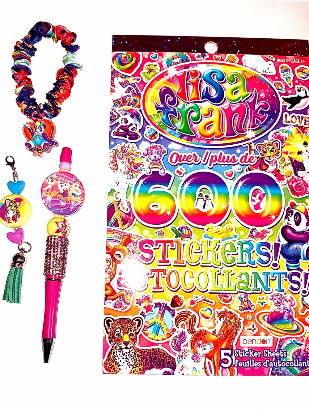 4 PC Lisa Frank Lot: 600-Pack of Stickers, Handmade Pen, Scrunchy & Purse Charm